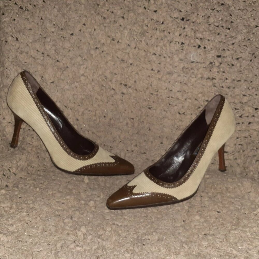 LAMBERTSON TRUEX-Brown Leather-Beige Suede-Snip Toe Brogue Pump-Sz37.5-Excellent